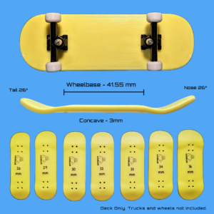 photo showing the side profile and bottom angle of oddball Plas-tech fingerboards. The image show fingerboards with ranging from 26mm to 36mm.